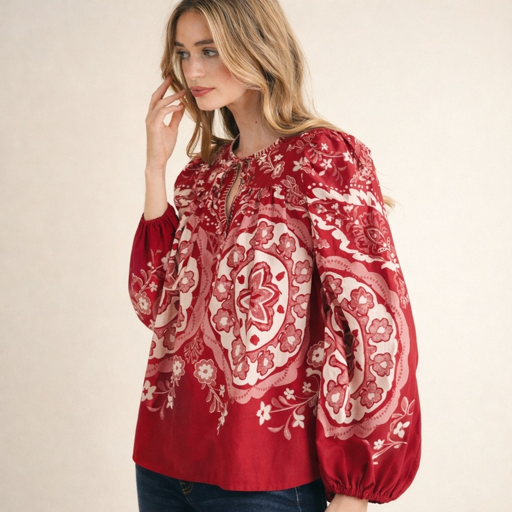 &Merci Red Medallion Print Blouse Size Medium Boho Chic